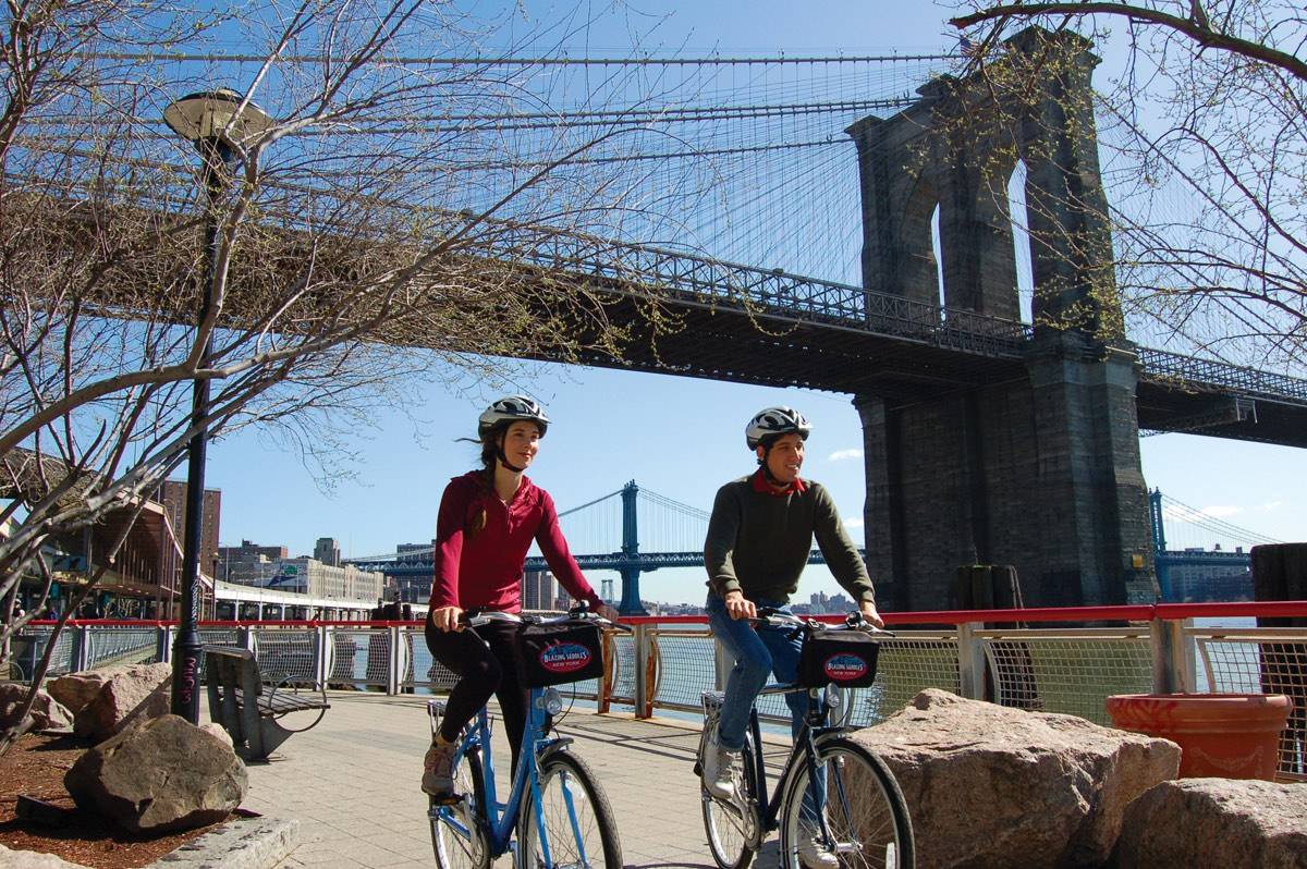 Cycling under the Brooklyn Bridge New York City