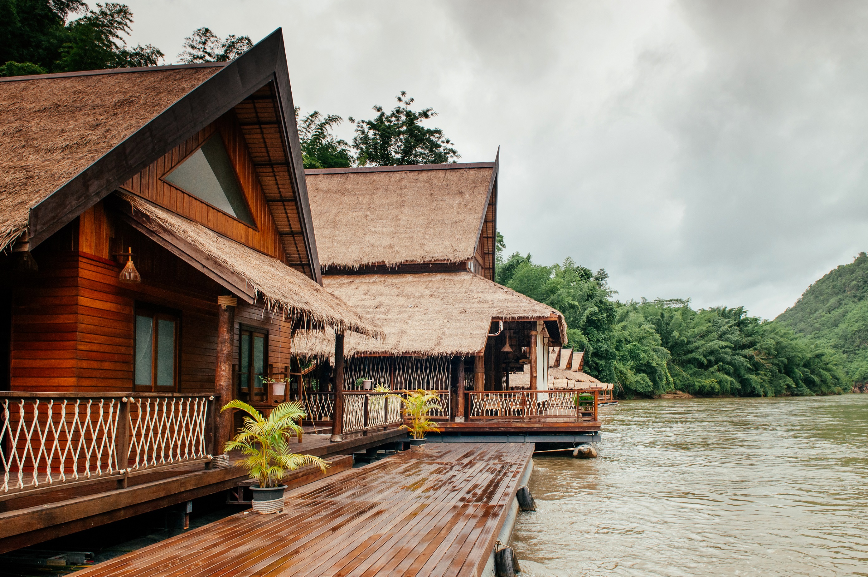 Wooden floating raft house at Sai Yok